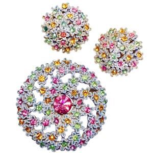 Signed ART Uranium Glass Enamel Rhinestone Floral Brooch Clip Earrings Set VTG